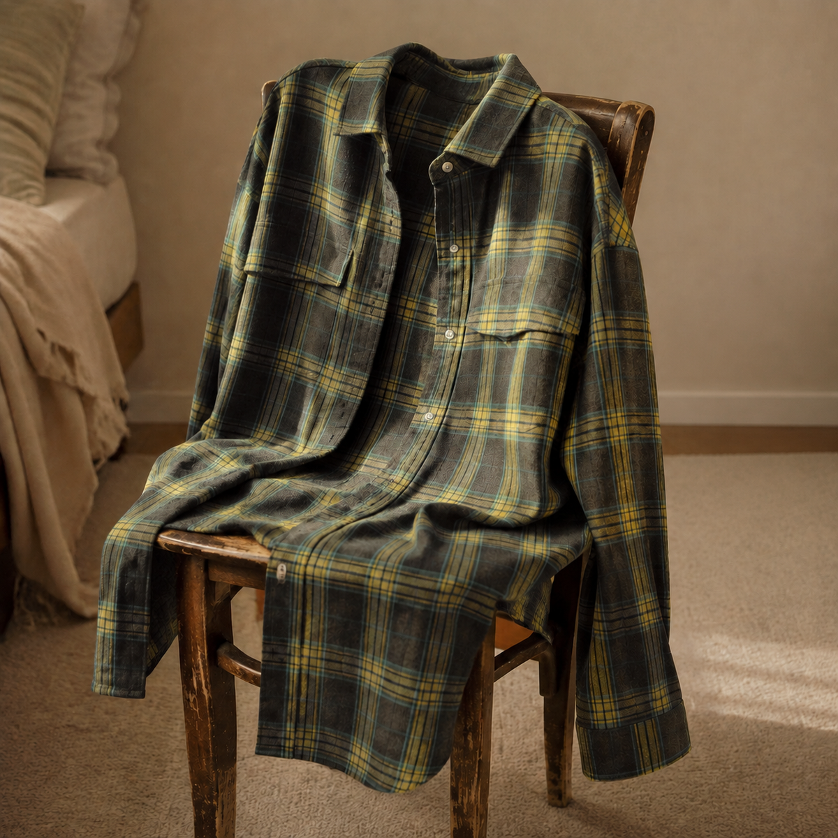 Green and yellow plaid overshirt draped over a wooden chair in a nostalgic room