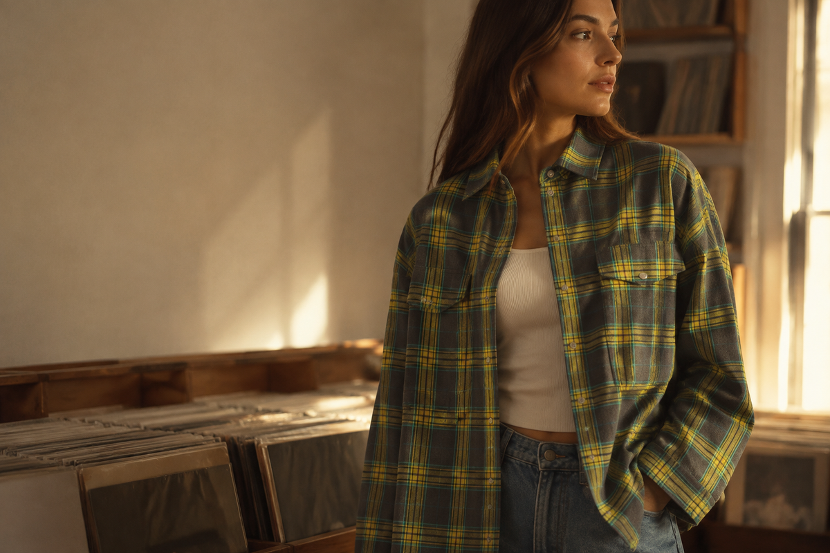 Model wearing a green and yellow plaid overshirt in a warm independent record store